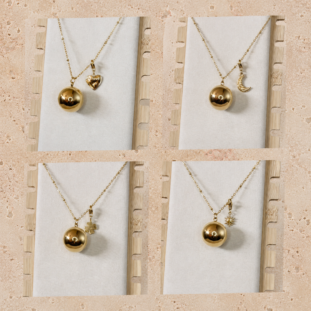 4 choix de Bola de grossesse et charm personnalisé au choix : un coeur, un trèfle, un soleil et une lune. Bijou de maternité, de grossesse. 
