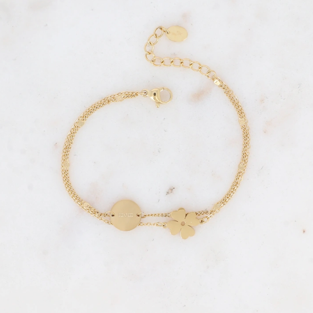 Bracelet en acier inoxydable double rang mom et trèfle