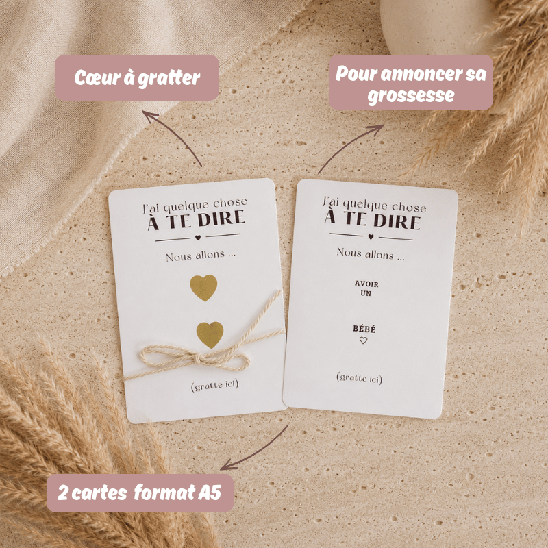 Carte d'annonce de grossesse à gratter avec 2 coeurs