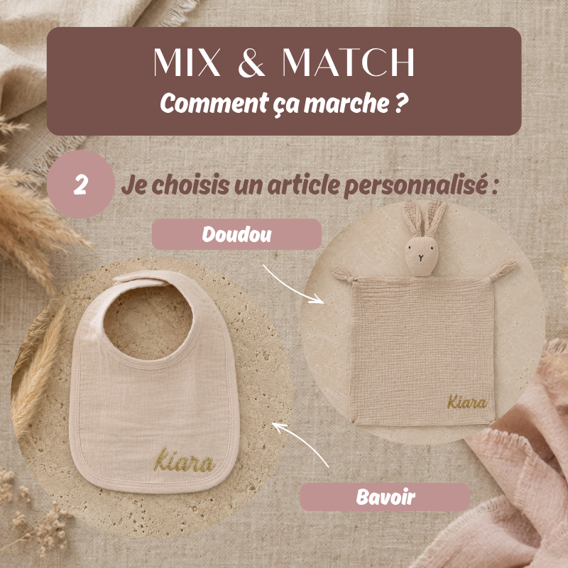 Option mix and match, articles pour bébé personnalisés au choix : doudou et bavoir