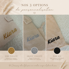 Option de personnalisation du prénom du doudou en gaze de coton beige : doré, argenté et noir