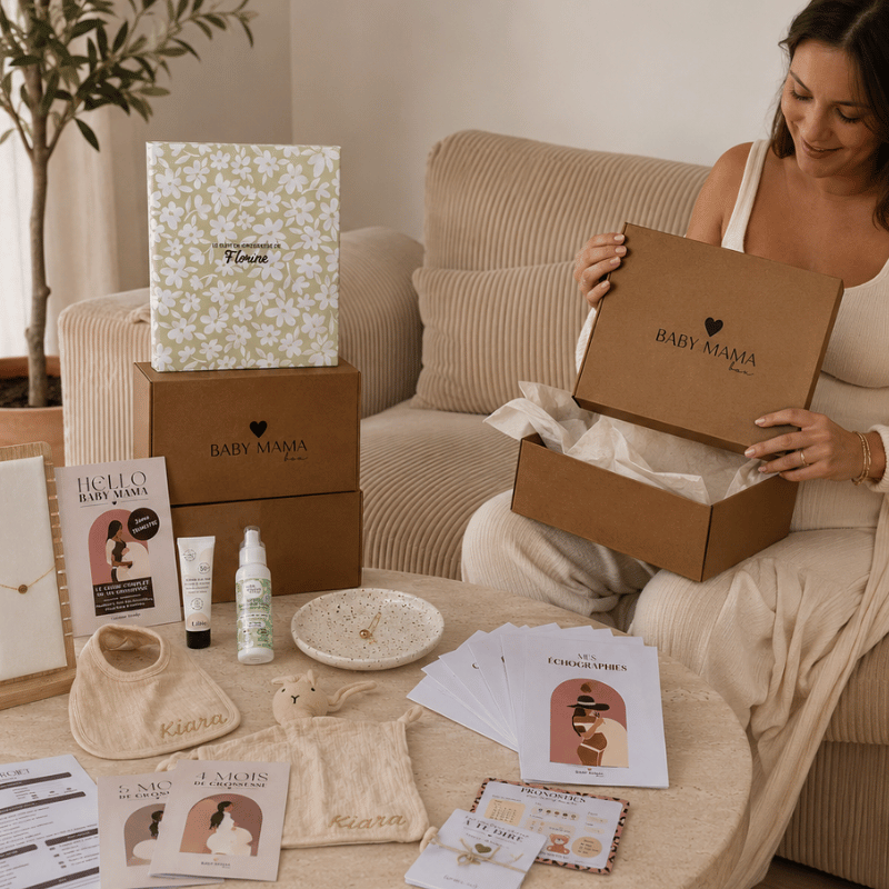 abonnement de box Baby Mama box avec des produits personnalisés, des produits de soins bio et des bijoux de maternité