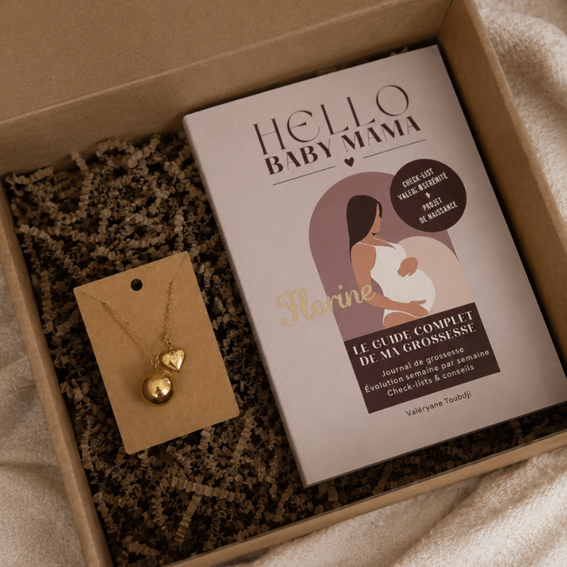 présentation du coffret de grossesse DUO composé d'un bola et son charm au choix et d'un guide de la grossesse Hello Baby Mama