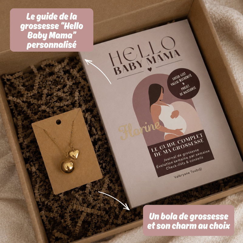 présentation du coffret de grossesse DUO composé d'un bola et son charm au choix et d'un guide de la grossesse Hello Baby Mama