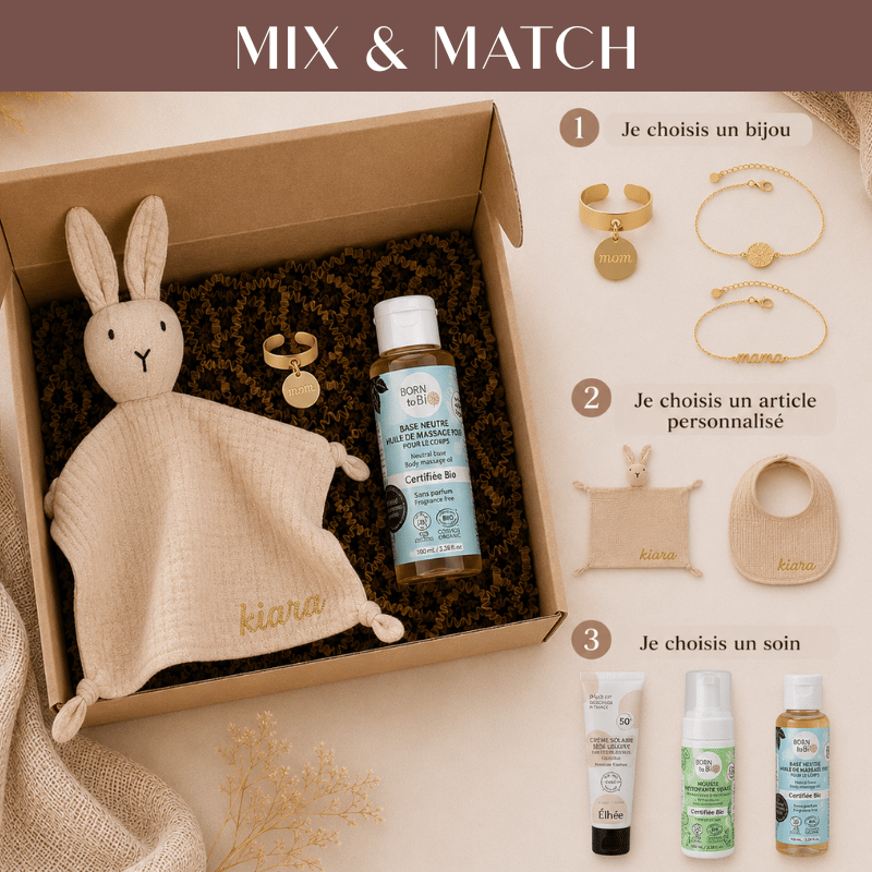présentation du coffret à composer mix & match 3 produits contenant un doudou, ou un bavoir personnalisé, un bijoux de maternité et un soin bio
