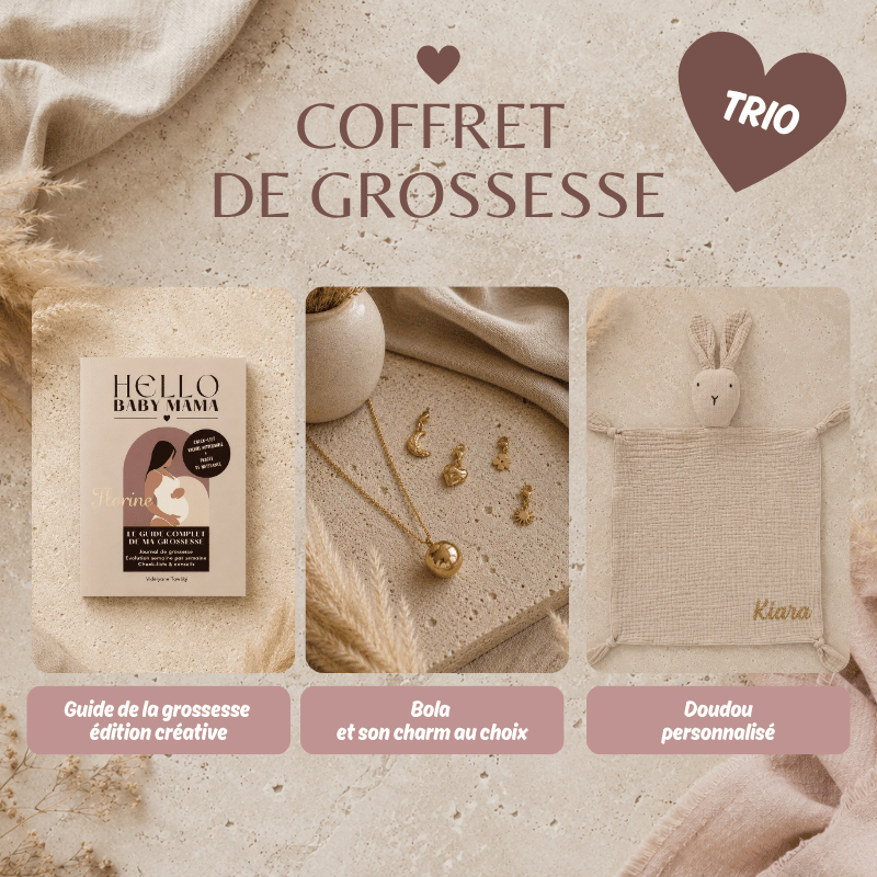 coffret trio composé d'un bola et son charm au choix, d'un guide de la grossesse  Hello Baby Mama et d'un doudou personnalisable