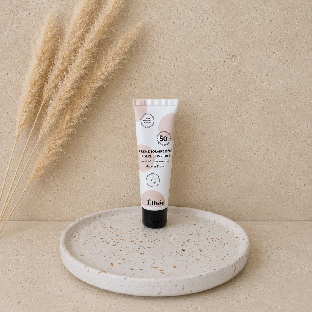 crème solaire SPF 50+ de la marque élhée pour bébé et femme enceinte. 