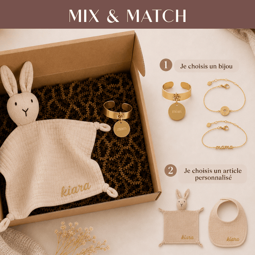 présentation du coffret à composer mix & match 2 produits contenant un doudou, ou un bavoir personnalisé, un bijoux de maternité