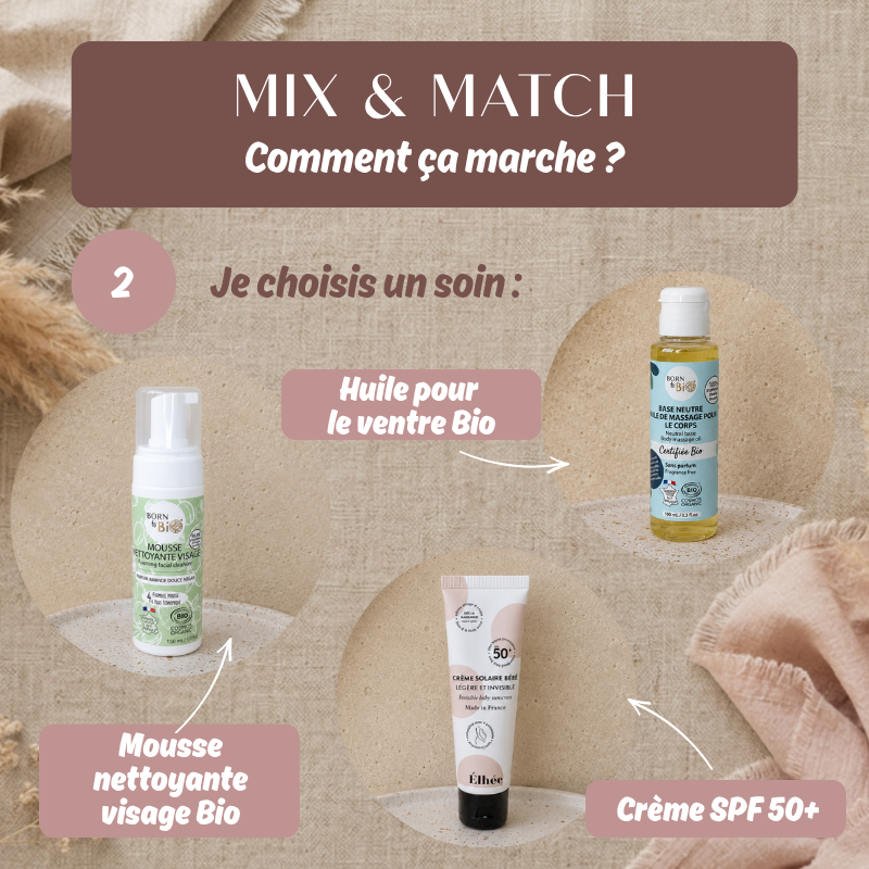 options pour composer sa box de maternité mix & match avec des produits de soins comme une crème SPF élhée ou des cosmétiques BIO